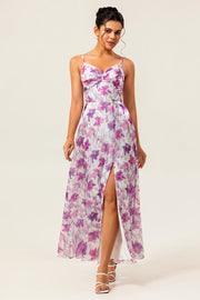 Purple Chiffon Long Floral Ruched Wedding Guest Dress with Slit