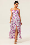 Purple Chiffon Long Floral Ruched Wedding Guest Dress with Slit