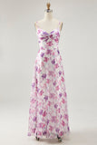 Purple Chiffon Long Floral Ruched Wedding Guest Dress with Slit