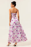 Purple Chiffon Long Floral Ruched Wedding Guest Dress with Slit