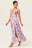 Purple Chiffon Long Floral Ruched Wedding Guest Dress with Slit