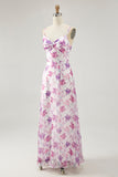 Maxi Purple Floral Chiffon Ruched Spaghetti Straps Wedding Guest Dress