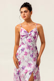 Purple Chiffon Long Floral Ruched Wedding Guest Dress with Slit