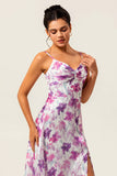 Purple Chiffon Long Floral Ruched Wedding Guest Dress with Slit