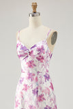 Maxi Purple Floral Chiffon Ruched Spaghetti Straps Wedding Guest Dress