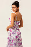 Purple Chiffon Long Floral Ruched Wedding Guest Dress with Slit