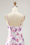 Maxi Purple Floral Chiffon Ruched Spaghetti Straps Wedding Guest Dress