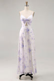 Lavender Floral Cut Out Font Twist Maxi Wedding Guest Dress with Slit