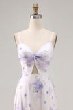 Lavender Floral Cut Out Font Twist Maxi Wedding Guest Dress with Slit