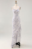 Blue Floral Chiffon Sheath Asymmetrical Wedding Guest Dress with Ruffles