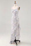 Blue Floral Chiffon Sheath Asymmetrical Wedding Guest Dress with Ruffles