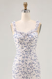 Blue Floral Chiffon Sheath Asymmetrical Wedding Guest Dress with Ruffles