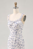 Blue Floral Chiffon Sheath Asymmetrical Wedding Guest Dress with Ruffles