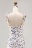 Blue Floral Chiffon Sheath Asymmetrical Wedding Guest Dress with Ruffles