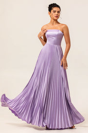 Lilac Strapless Pleated Maxi A Line Bridesmaid Dress