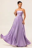 Lilac Strapless Pleated Maxi A Line Bridesmaid Dress