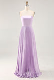 Lilac Strapless Pleated Maxi A Line Bridesmaid Dress