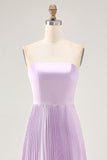 Maxi Lilac Strapless A Line Bridesmaid Dress with Pleats