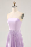 Maxi Lilac Strapless A Line Bridesmaid Dress with Pleats