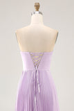Maxi Lilac Strapless A Line Bridesmaid Dress with Pleats