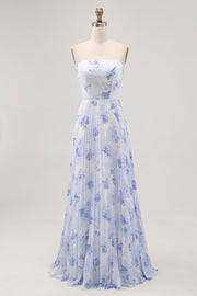 Blue Floral Chiffon Strapless Maxi A Line Wedding Guest Dress with Pleats
