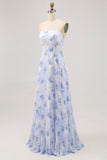 Blue Floral Chiffon Strapless Maxi A Line Wedding Guest Dress with Pleats