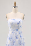 Blue Floral Chiffon Strapless Maxi A Line Wedding Guest Dress with Pleats