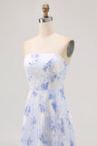 Blue Floral Chiffon Strapless Maxi A Line Wedding Guest Dress with Pleats