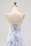 Blue Floral Chiffon Strapless Maxi A Line Wedding Guest Dress with Pleats