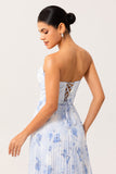 Blue Chiffon Strapless Floral Long Wedding Guest Dress with Pleats