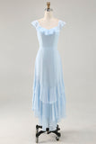 Sky Blue Chiffon Tiered Maxi Bridesmaid Dress with Ruffles