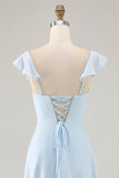 Sky Blue Chiffon Tiered Maxi Bridesmaid Dress with Ruffles