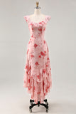 Pink Floral Tiered Chiffon Ruffled Maxi Wedding Guest Dress