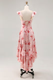 Pink Floral Tiered Chiffon Ruffled Maxi Wedding Guest Dress