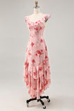 Pink Floral Tiered Chiffon Ruffled Maxi Wedding Guest Dress