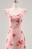 Pink Floral Tiered Chiffon Ruffled Maxi Wedding Guest Dress