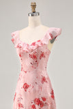 Pink Floral Tiered Chiffon Ruffled Maxi Wedding Guest Dress