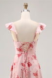 Pink Floral Tiered Chiffon Ruffled Maxi Wedding Guest Dress