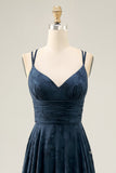 Navy Floral A Line Pleated Maxi Wedding Guest Dress