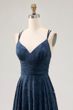 Navy Floral A Line Pleated Maxi Wedding Guest Dress