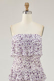 Purple Floral Chiffon Tiered Midi Wedding Guest Dress with Ruffles