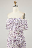 Purple Floral Chiffon Tiered Midi Wedding Guest Dress with Ruffles
