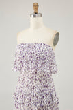 Purple Floral Chiffon Tiered Midi Wedding Guest Dress with Ruffles