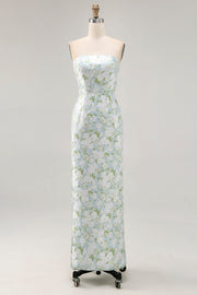 White Blue Floral Printed Strapless Sheath Satin Maxi Wedding Guest Dress
