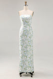 White Blue Floral Printed Strapless Sheath Satin Maxi Wedding Guest Dress