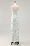 White Blue Floral Printed Strapless Sheath Satin Maxi Wedding Guest Dress