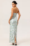 White Blue Floral Printed Strapless Sheath Satin Maxi Wedding Guest Dress