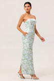 White and Blue Floral Strapless Sheath Satin Long Wedding Guest Dress