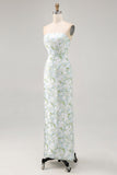 White Blue Floral Printed Strapless Sheath Satin Maxi Wedding Guest Dress