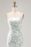 White Blue Floral Printed Strapless Sheath Satin Maxi Wedding Guest Dress